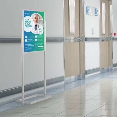 An Eco Poster Display Stand discussing the priority of safety in a hospital