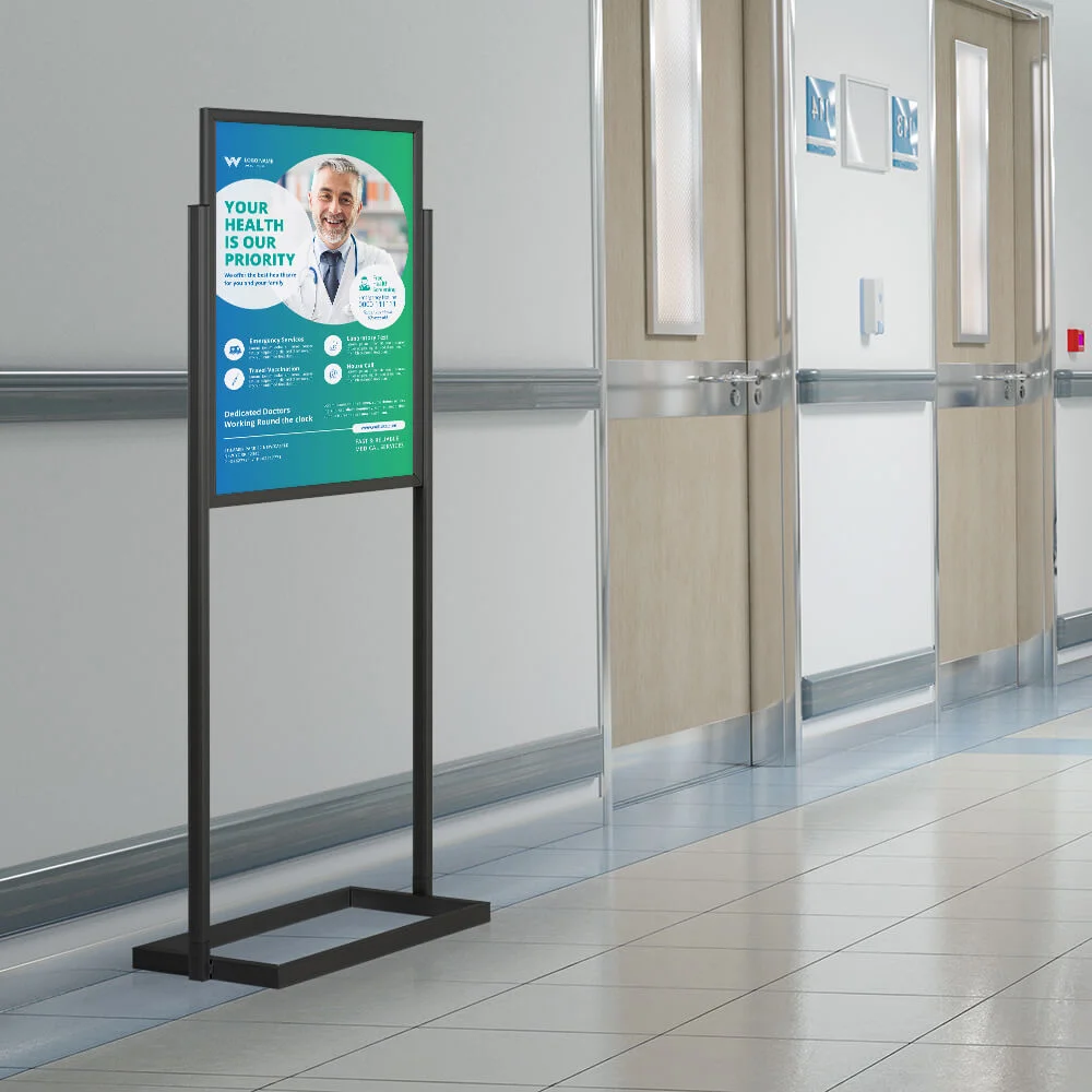 22w-x-28h-eco-poster-display An Eco Poster Display Stand discussing the priority of safety in a hospital
