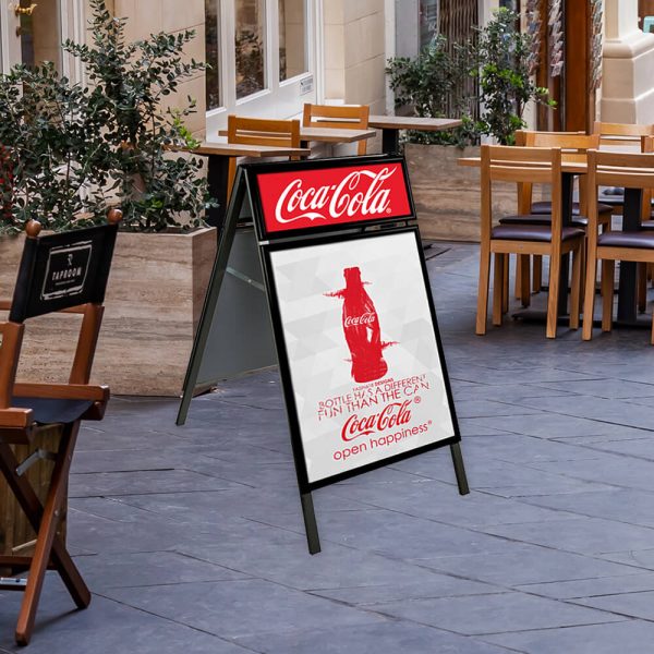 22x28 A Frame Board Sidewalk Sign with Header, Black, advertising Coca-Cola