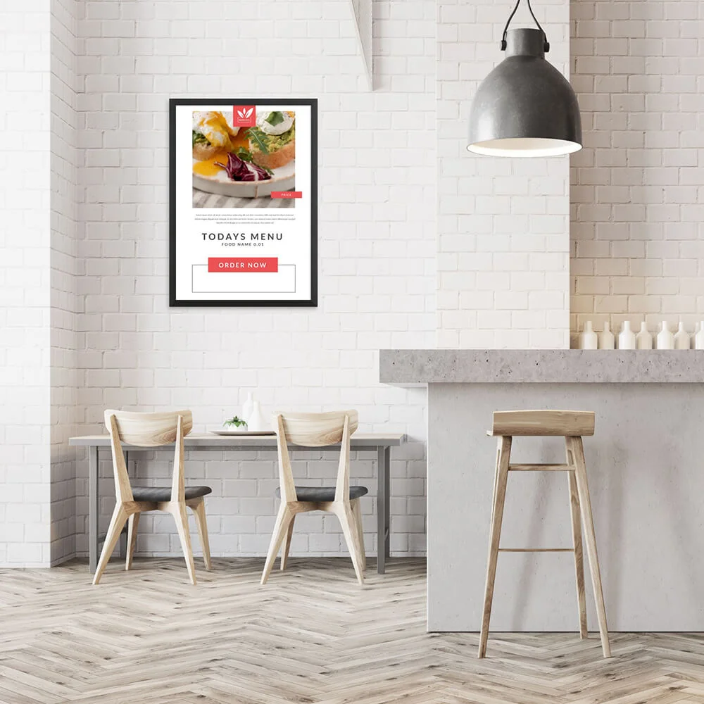 30x40-snap-poster-frame 30x40 Snap Poster Frame with Today's Menu Hanging inside on a wall of a minimalist cafe
