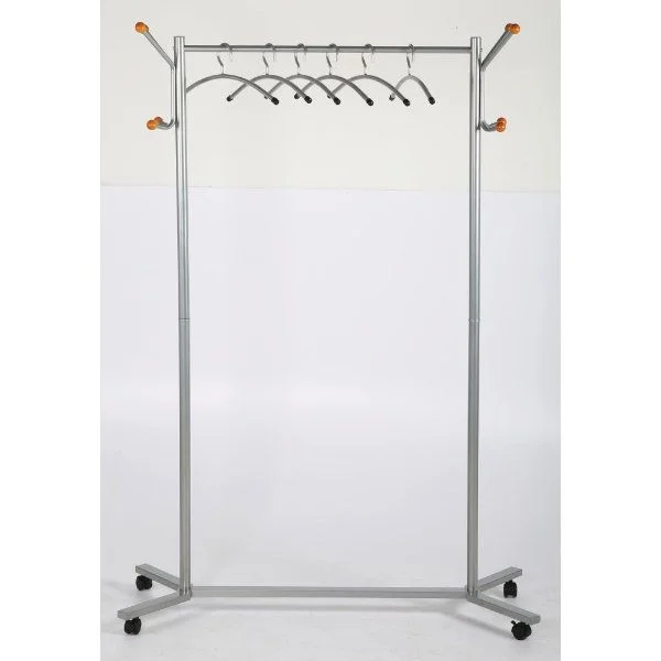 46" x 17" x 68" Coat Hanger Stand with Wheels, Silver 46" x 17" x 68" Coat Hanger Stand with Wheels, Silver