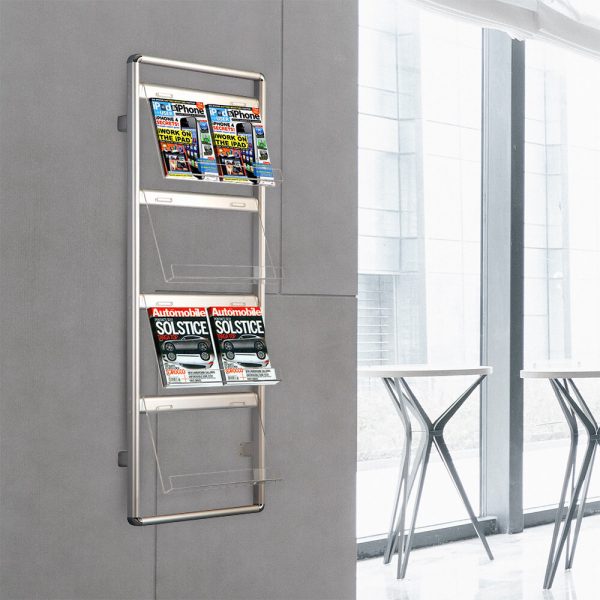 Wall mounted brochure rack hanging in a waiting room