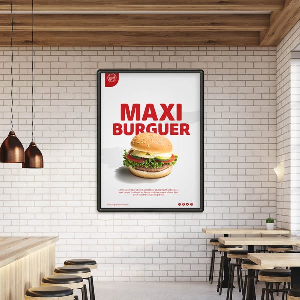 Snap poster frame hanging in a burger restaurant