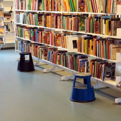 Blue Step Stool with 2 Steps in a library