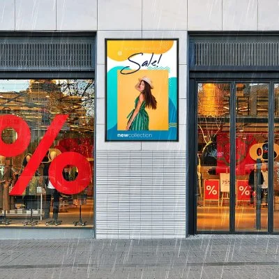 Snap poster hanging in-between two windows of a clothing store that is advertising a sale on the new collection