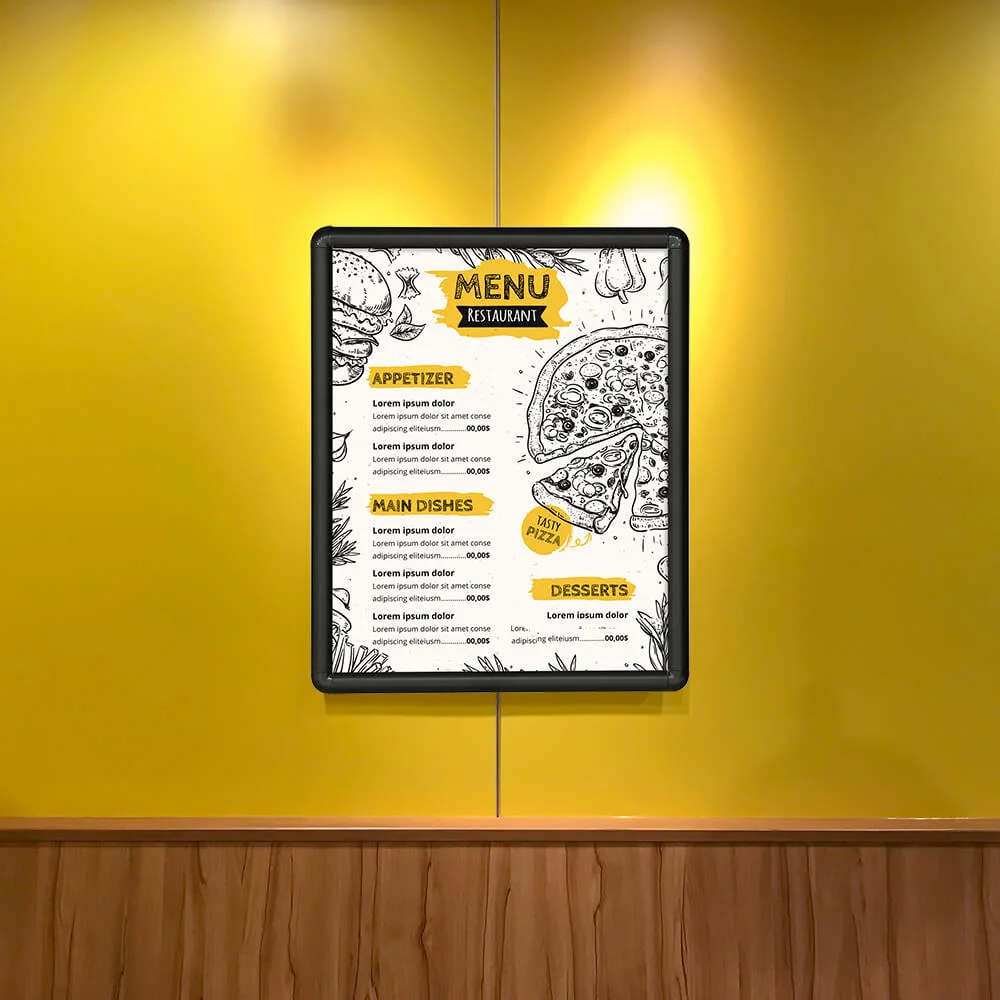 snap-poster-frame-1-inch-black Menu in a snap poster frame hanging on a yellow wall