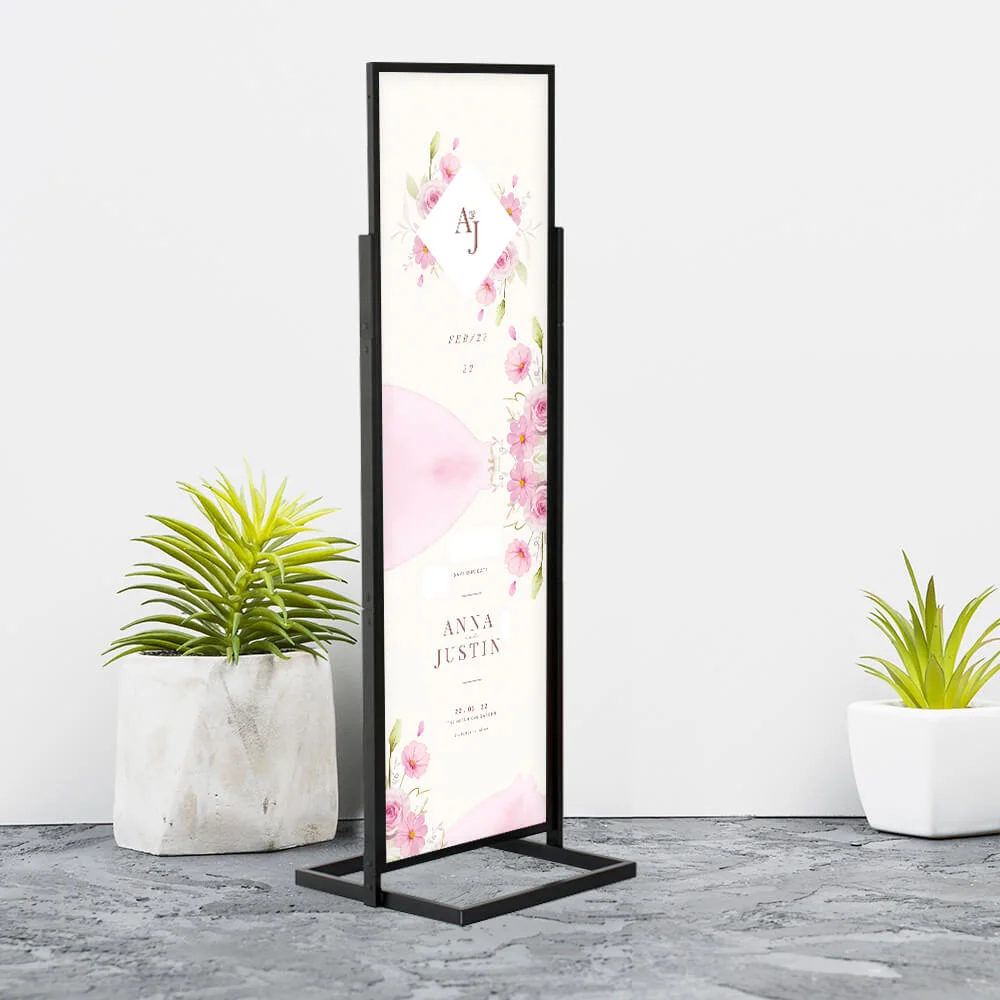 22x69-portable-eco Portable Eco Infoboard stand announcing the wedding of two people