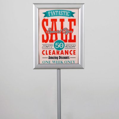 Floor-Sign-Stand-Holder-With-Telescoping-Pole-Silver-Double-Sided-Slide-In-Frame-8.5x11