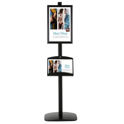 free-standing-stand-in-black-color-with-1-x-11X17-frame-in-portrait-and-landscape-and-2-x-5.5x8.5-clear-pocket-shelf-single-sided-4