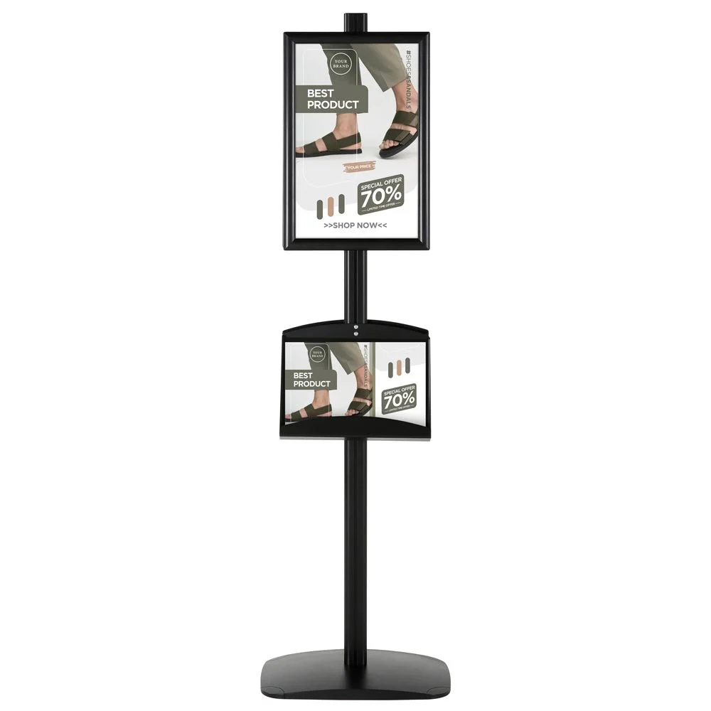 free-standing-stand-in-black-color-with-2-x-11X17-frame-in-portrait-and-landscape-and-2-x-5.5x8.5-steel-shelf-double-sided-4