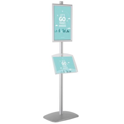 free-standing-stand-in-silver-color-with-1-x-11X17-frame-in-portrait-and-landscape-and-1-2-x-8.5x11-clear-shelf-in-acrylic-single-sided