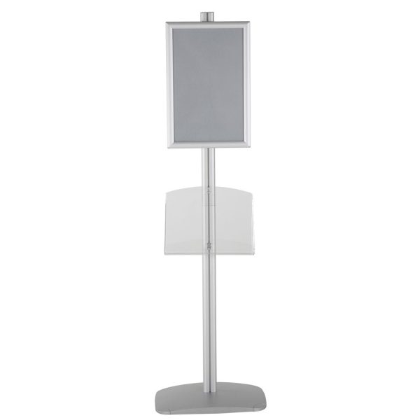 free-standing-stand-in-silver-color-with-1-x-11X17-frame-in-portrait-and-landscape-and-1-2-x-8.5x11-clear-shelf-in-acrylic-single-sided