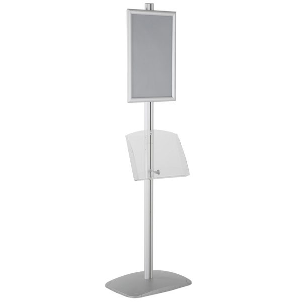 free-standing-stand-in-silver-color-with-1-x-11X17-frame-in-portrait-and-landscape-and-1-2-x-8.5x11-clear-shelf-in-acrylic-single-sided