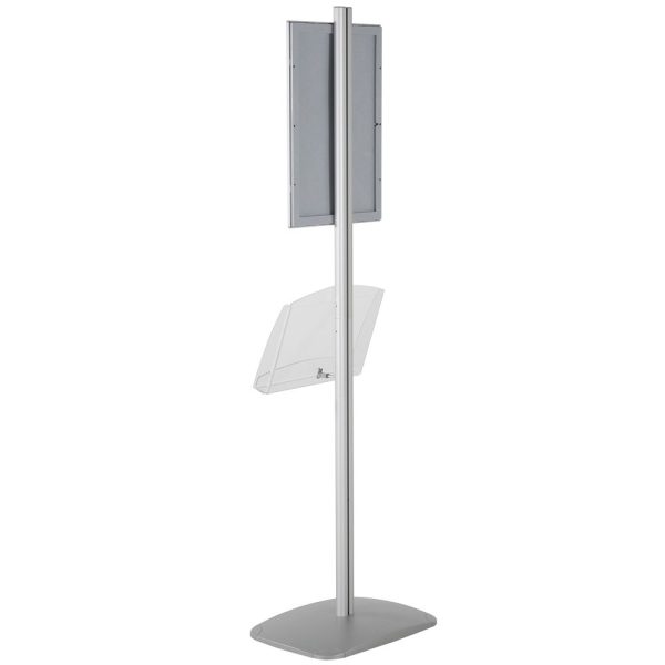 free-standing-stand-in-silver-color-with-1-x-11X17-frame-in-portrait-and-landscape-and-1-2-x-8.5x11-clear-shelf-in-acrylic-single-sided