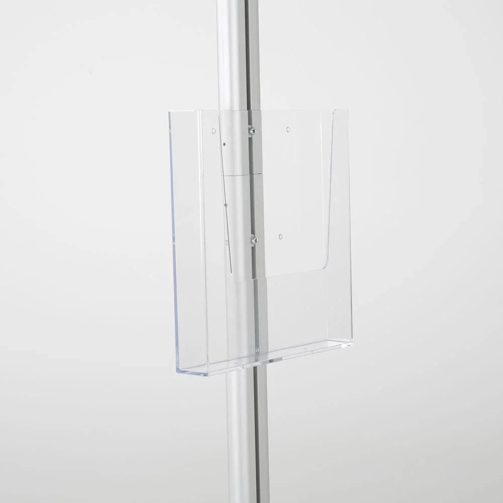 free-standing-stand-in-silver-color-with-1-x-11X17-frame-in-portrait-and-landscape-and-1-x-8.5x11-clear-pocket-shelf-single-sided