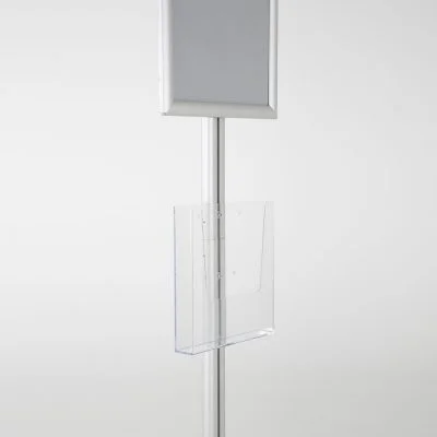 free-standing-stand-in-silver-color-with-1-x-11X17-frame-in-portrait-and-landscape-and-1-x-8.5x11-clear-pocket-shelf-single-sided