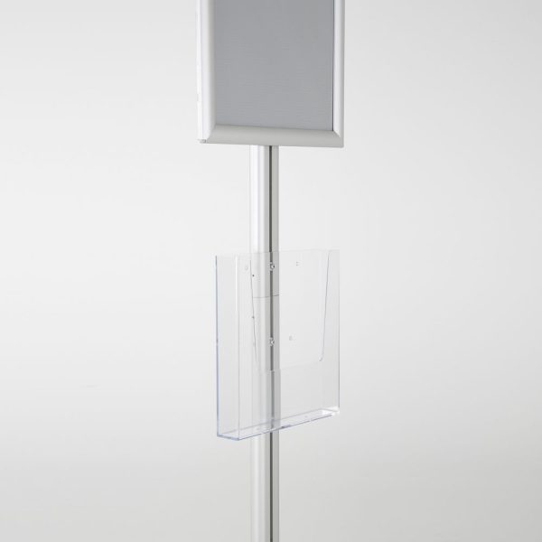 free-standing-stand-in-silver-color-with-1-x-11X17-frame-in-portrait-and-landscape-and-1-x-8.5x11-clear-pocket-shelf-single-sided