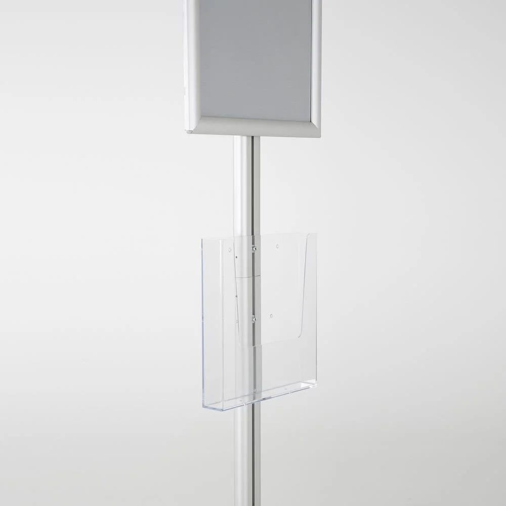 free-standing-stand-in-silver-color-with-1-x-11X17-frame-in-portrait-and-landscape-and-1-x-8.5x11-clear-pocket-shelf-single-sided