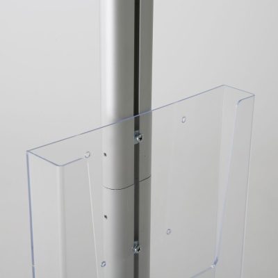 free-standing-stand-in-silver-color-with-1-x-11X17-frame-in-portrait-and-landscape-and-1-x-8.5x11-clear-pocket-shelf-single-sided