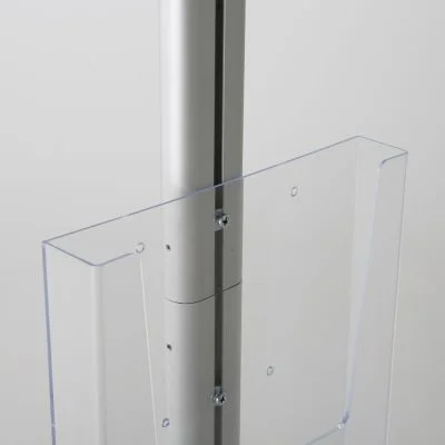 free-standing-stand-in-silver-color-with-1-x-11X17-frame-in-portrait-and-landscape-and-1-x-8.5x11-clear-pocket-shelf-single-sided