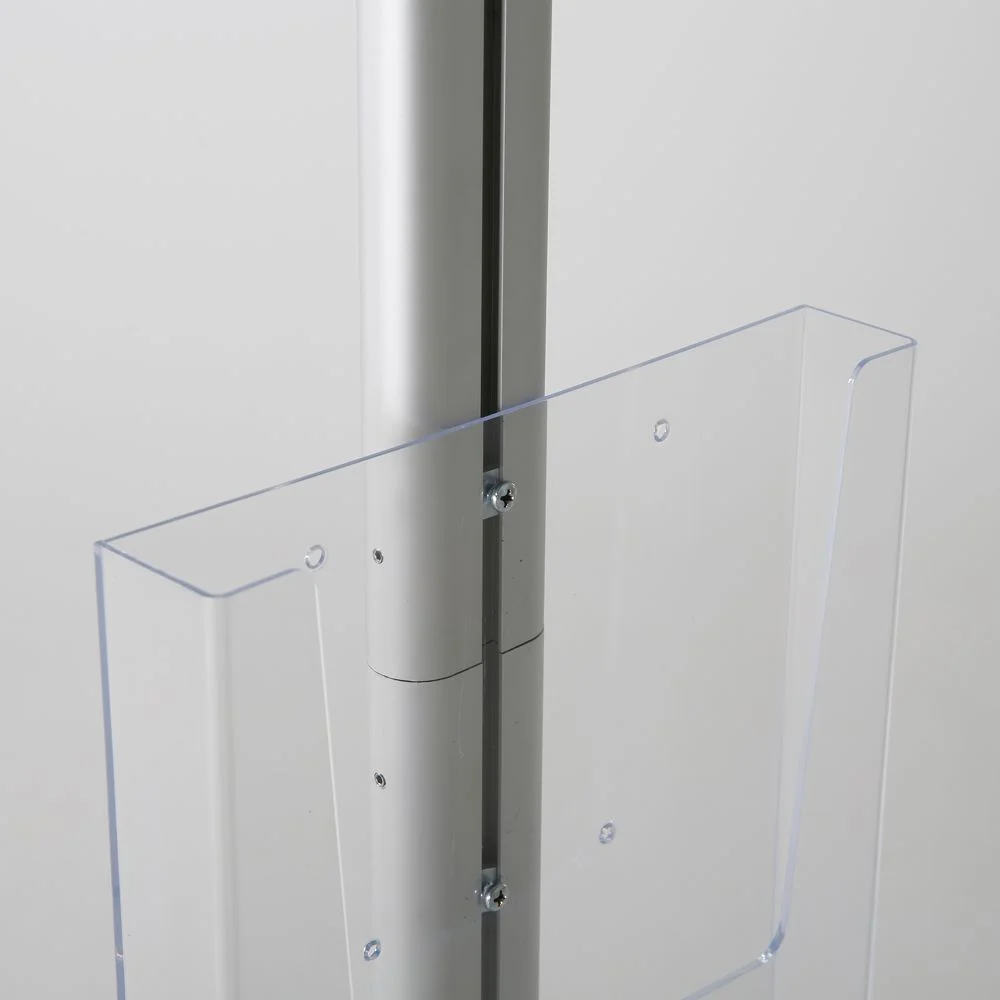 free-standing-stand-in-silver-color-with-1-x-11X17-frame-in-portrait-and-landscape-and-1-x-8.5x11-clear-pocket-shelf-single-sided