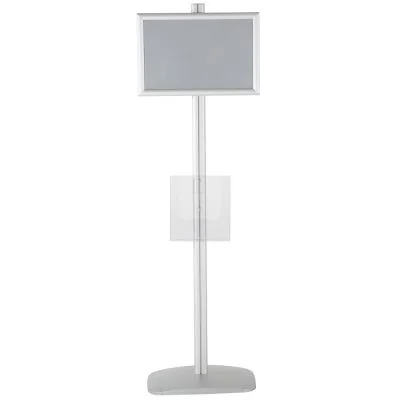 free-standing-stand-in-silver-color-with-1-x-11X17-frame-in-portrait-and-landscape-and-1-x-8.5x11-clear-pocket-shelf-single-sided