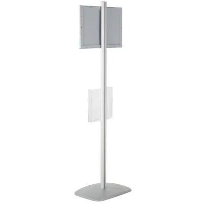 free-standing-stand-in-silver-color-with-1-x-11X17-frame-in-portrait-and-landscape-and-1-x-8.5x11-clear-pocket-shelf-single-sided
