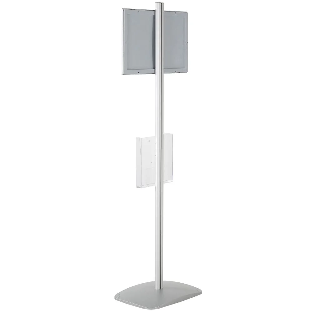 free-standing-stand-in-silver-color-with-1-x-11X17-frame-in-portrait-and-landscape-and-1-x-8.5x11-clear-pocket-shelf-single-sided