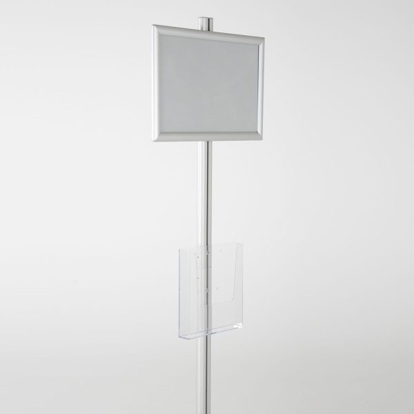 free-standing-stand-in-silver-color-with-1-x-11X17-frame-in-portrait-and-landscape-and-1-x-8.5x11-clear-pocket-shelf-single-sided