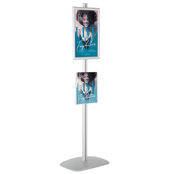 free-standing-stand-in-silver-color-with-1-x-11X17-frame-in-portrait-and-landscape-and-1-x-8.5x11-clear-pocket-shelf-single-sided