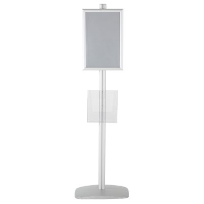 free-standing-stand-in-silver-color-with-1-x-11X17-frame-in-portrait-and-landscape-and-1-x-8.5x11-clear-pocket-shelf-single-sided