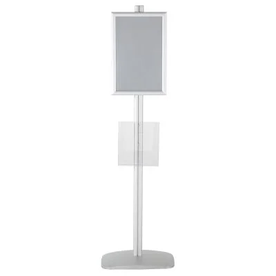 free-standing-stand-in-silver-color-with-1-x-11X17-frame-in-portrait-and-landscape-and-1-x-8.5x11-clear-pocket-shelf-single-sided