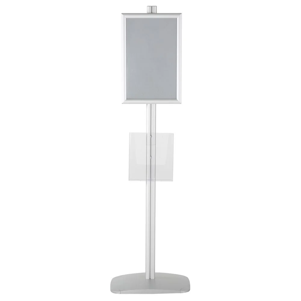 free-standing-stand-in-silver-color-with-1-x-11X17-frame-in-portrait-and-landscape-and-1-x-8.5x11-clear-pocket-shelf-single-sided
