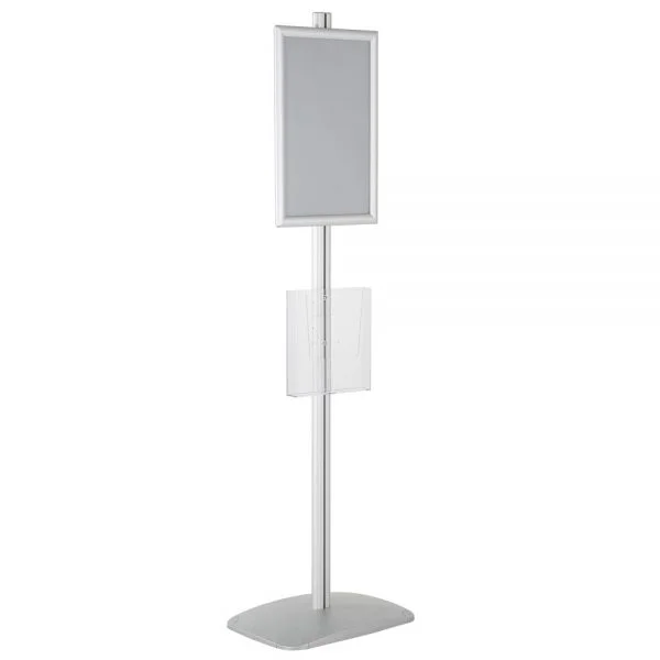 free-standing-stand-in-silver-color-with-1-x-11X17-frame-in-portrait-and-landscape-and-1-x-8.5x11-clear-pocket-shelf-single-sided