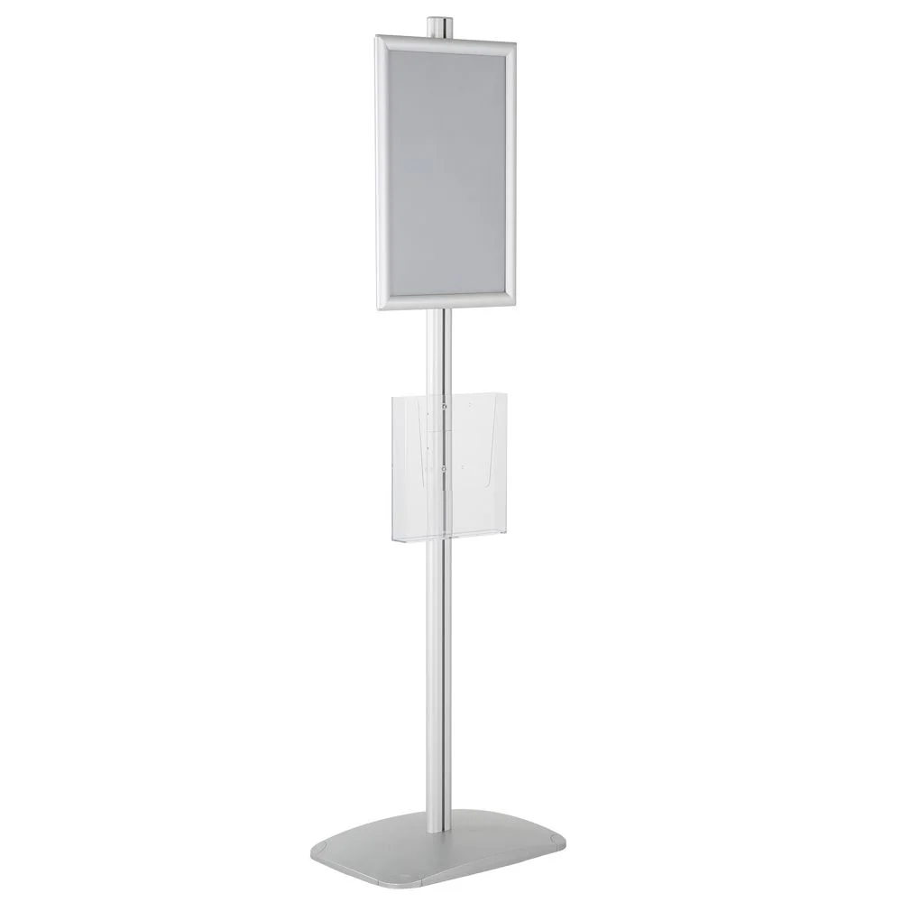 free-standing-stand-in-silver-color-with-1-x-11X17-frame-in-portrait-and-landscape-and-1-x-8.5x11-clear-pocket-shelf-single-sided