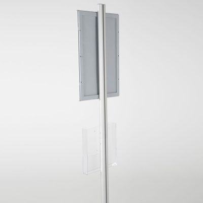 free-standing-stand-in-silver-color-with-1-x-11X17-frame-in-portrait-and-landscape-and-1-x-8.5x11-clear-pocket-shelf-single-sided