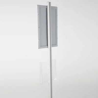 free-standing-stand-in-silver-color-with-1-x-11X17-frame-in-portrait-and-landscape-and-1-x-8.5x11-clear-pocket-shelf-single-sided