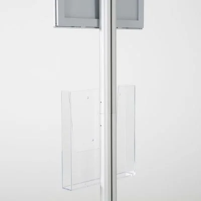 free-standing-stand-in-silver-color-with-1-x-11X17-frame-in-portrait-and-landscape-and-1-x-8.5x11-clear-pocket-shelf-single-sided
