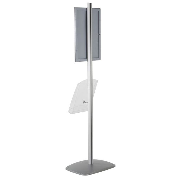 free-standing-stand-in-silver-color-with-1-x-11X17-frame-in-portrait-and-landscape-and-1-x-8.5x11-clear-shelf-in-acrylic-single-sided