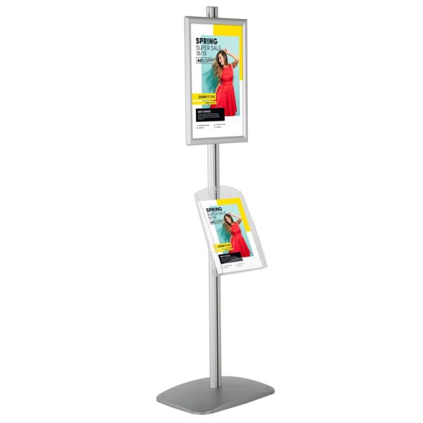 free-standing-stand-in-silver-color-with-1-x-11X17-frame-in-portrait-and-landscape-and-1-x-8.5x11-clear-shelf-in-acrylic-single-sided