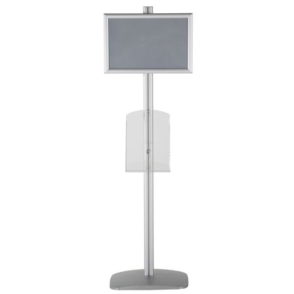 free-standing-stand-in-silver-color-with-1-x-11X17-frame-in-portrait-and-landscape-and-1-x-8.5x11-clear-shelf-in-acrylic-single-sided