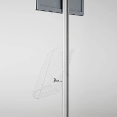 free-standing-stand-in-silver-color-with-1-x-11X17-frame-in-portrait-and-landscape-and-1-x-8.5x11-clear-shelf-in-acrylic-single-sided