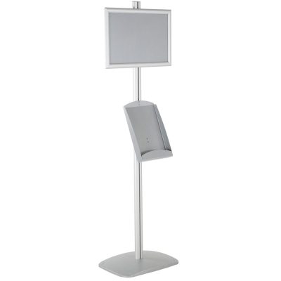 free-standing-stand-in-silver-color-with-1-x-11X17-frame-in-portrait-and-landscape-and-1-x-8.5x11-steel-shelf-single-sided