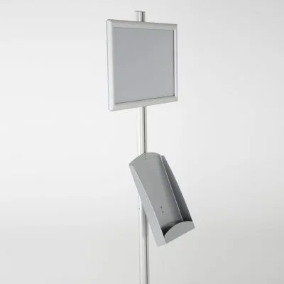 free-standing-stand-in-silver-color-with-1-x-11X17-frame-in-portrait-and-landscape-and-1-x-8.5x11-steel-shelf-single-sided