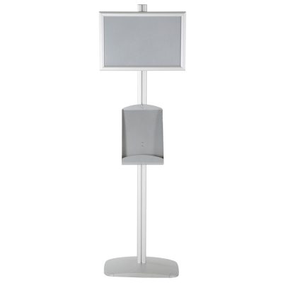 free-standing-stand-in-silver-color-with-1-x-11X17-frame-in-portrait-and-landscape-and-1-x-8.5x11-steel-shelf-single-sided