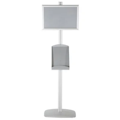 free-standing-stand-in-silver-color-with-1-x-11X17-frame-in-portrait-and-landscape-and-1-x-8.5x11-steel-shelf-single-sided