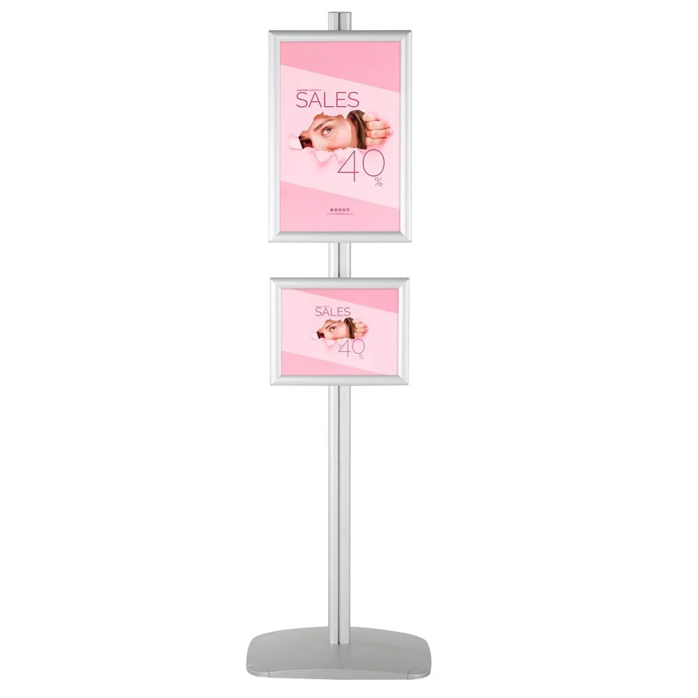 free-standing-stand-in-silver-color-with-1-x-11x17-frame-and-1-x-8.5x11-frame-in-portrait-and-landscape-position-single-sided