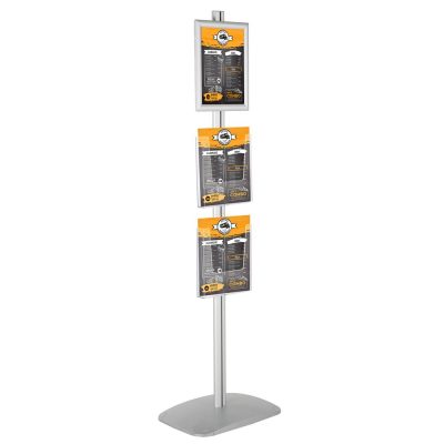 free-standing-stand-in-silver-color-with-1-x-8.5X11-frame-in-portrait-and-landscape-and-2-x-8.5x11-clear-pocket-shelf-single-sided