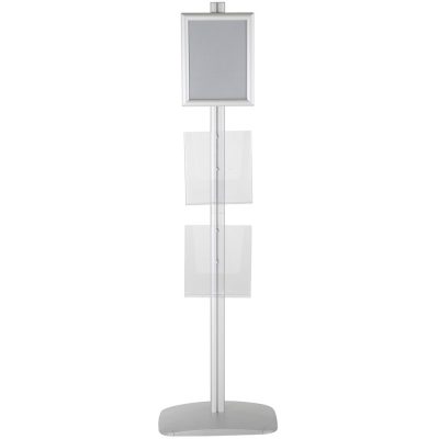 free-standing-stand-in-silver-color-with-1-x-8.5X11-frame-in-portrait-and-landscape-and-2-x-8.5x11-clear-pocket-shelf-single-sided