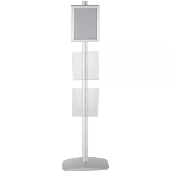 free-standing-stand-in-silver-color-with-1-x-8.5X11-frame-in-portrait-and-landscape-and-2-x-8.5x11-clear-pocket-shelf-single-sided